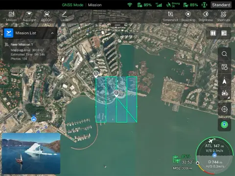 Autel EVO Max 4T controller showing an automated mapping mission with 3,600 square metre survey area and 134 planned photos